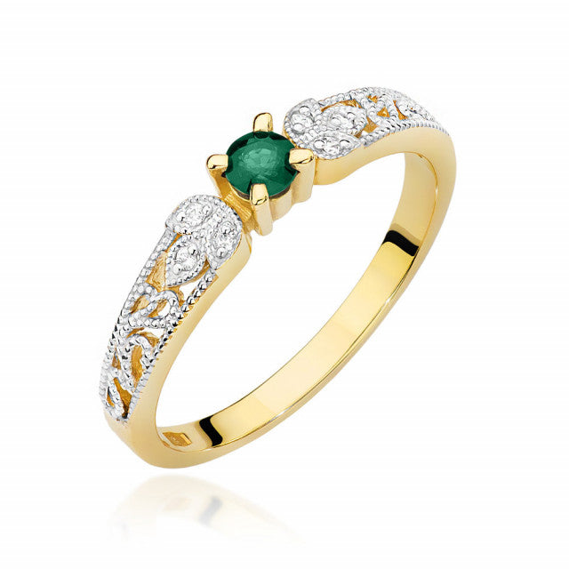 Inel Aur 14K cu Smarald 0.15 ct si Diamante Naturale 0.03 ct — Aur galben