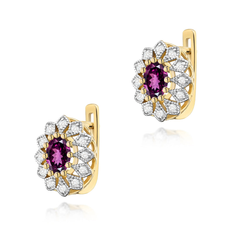 Cercei Aur 14K cu Rhodolite 0.50 ct si Diamante Naturale 0.21 ct — Aur galben