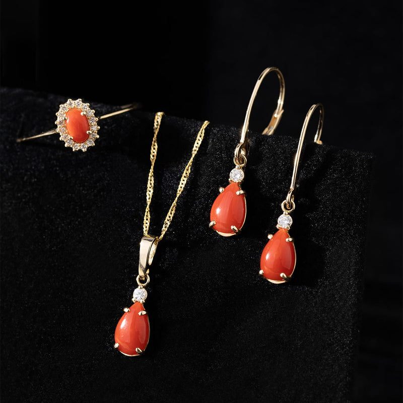 Cercei Aur 14K cu Coral 0.65 ct si Diamante Naturale 0.06 ct, imaginea 4 din 8