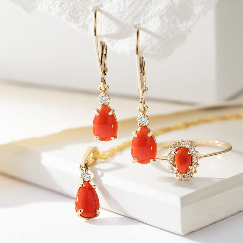 Cercei Aur 14K cu Coral 0.65 ct si Diamante Naturale 0.06 ct, imaginea 5 din 8